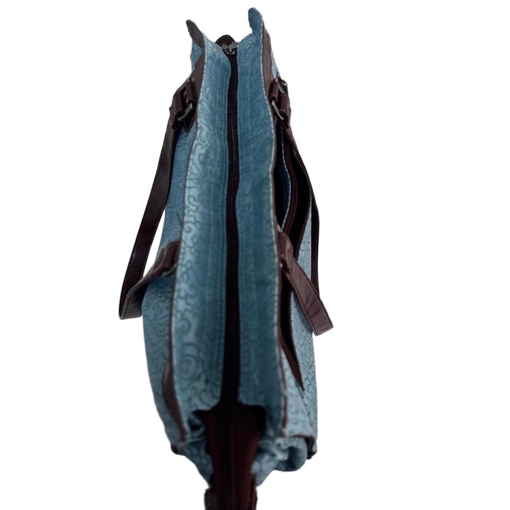 Reba Teal Dark Brown Trim Patterned Zip Sholder Bag Tote *see imperfections - Picture 7 of 15